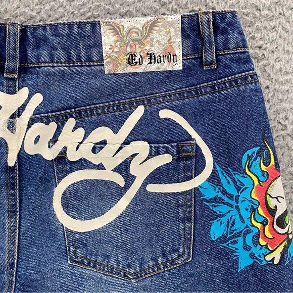 Ed Hardy Women's Flame Skull Raw Cut Hems Denim Shorts Retro Medium  | Size: 30 - Picture 5 of 15